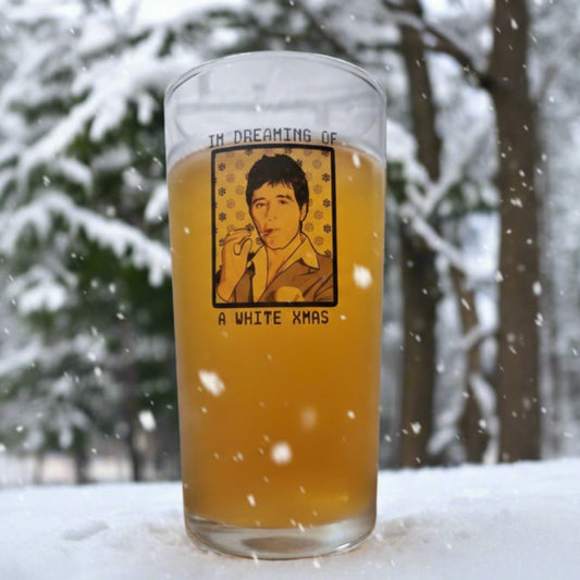 Scarface Christmas beer glass — full glass shot in snowy setting