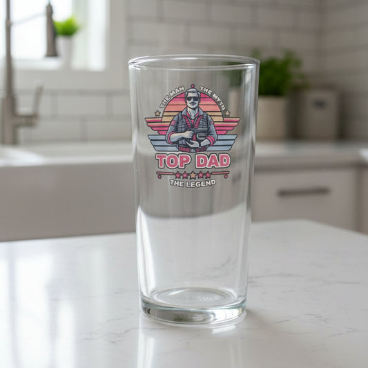Top Dad printed pint glass on wooden surface — personalised Father's Day and birthday gift for dad UK