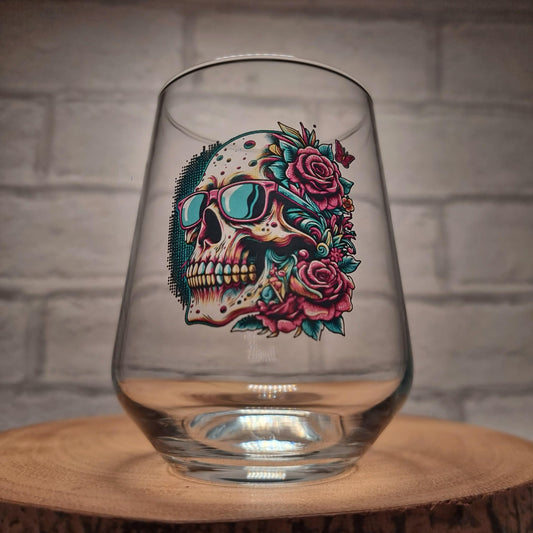 Sip in Style: Custom Beer Glass with Vibrant Skull and Roses Design First Glass Designs