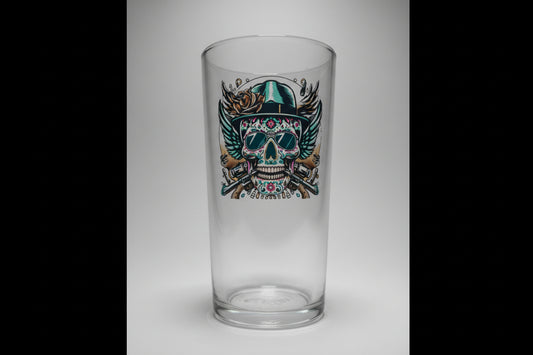 Skull cowboy beer glass — side angle showing cowboy hat skull illustration