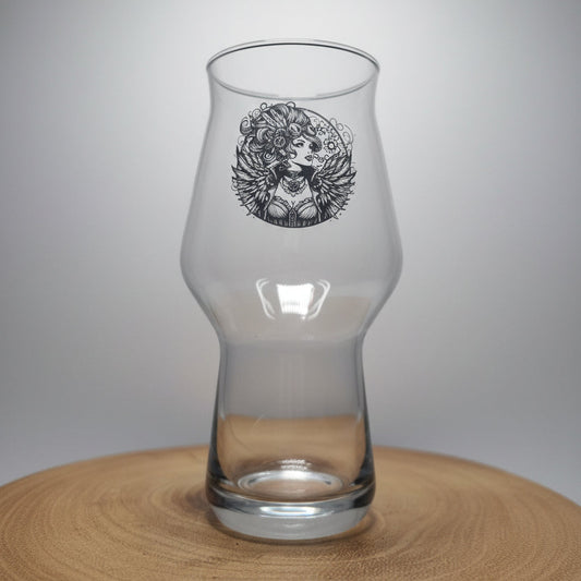 Perfect Steampunk Gift: Craftmaster Pint Glass with Enigmatic Maiden Print First Glass Designs