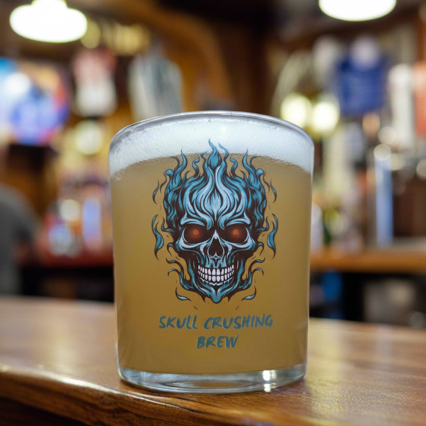 Personalised Printed Skull Beer Glass "Skull Crushing Brew" Custom Engraved Beer Glass