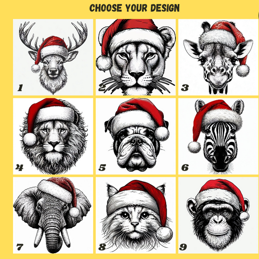 Personalised pint glass printed with animals in a Santa hat and the text Daddy's Beer — custom Christmas glassware by First Class Design