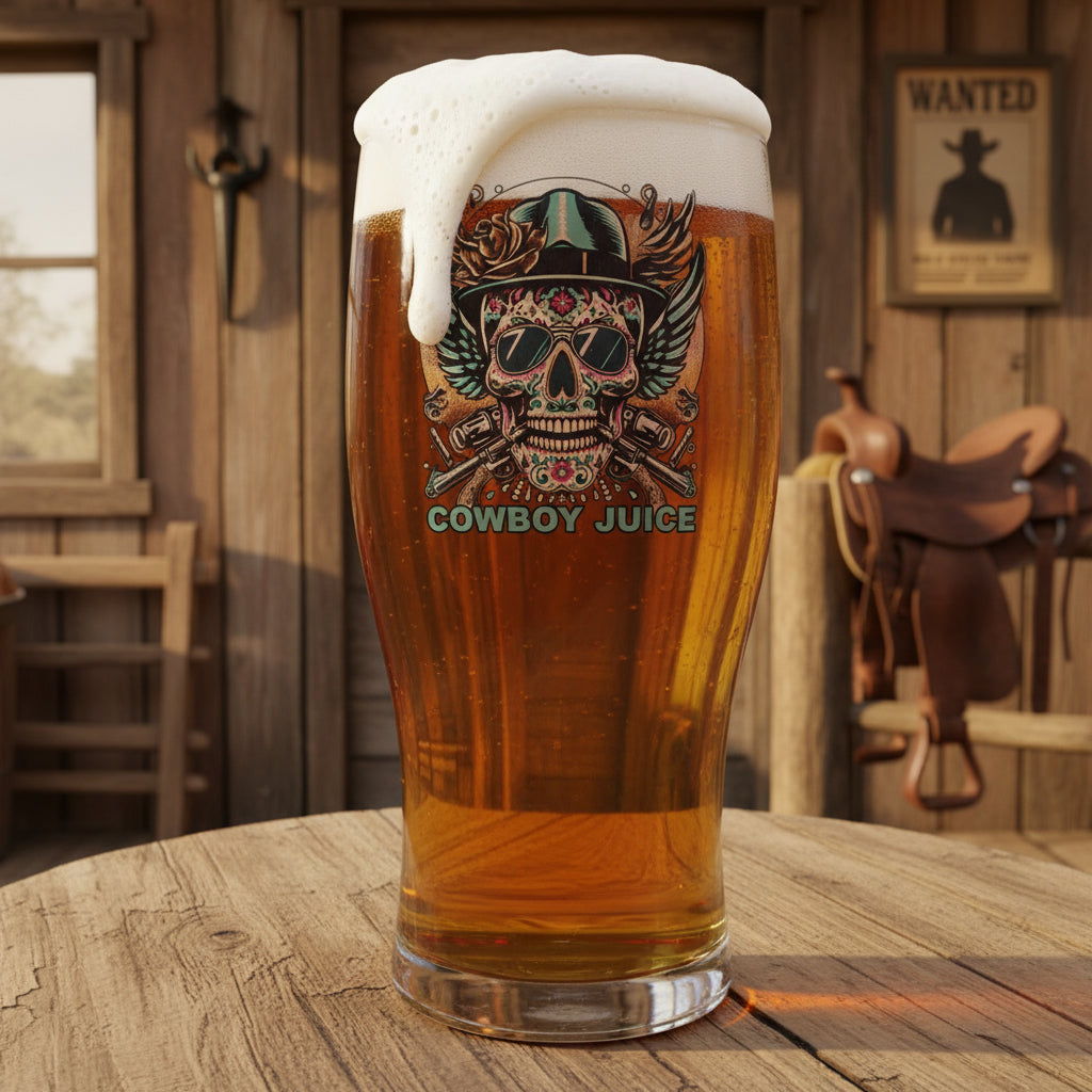 Skull cowboy beer glass — lifestyle shot showing design detail