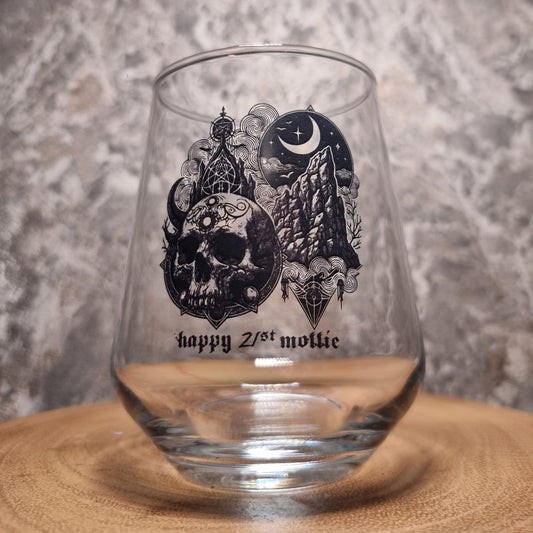 Gothic Sun & Moon Skull Glass - Personalised Birthday Gift Idea For Goth Lovers, Whiskey, Beer, Cider Glass First Glass Designs