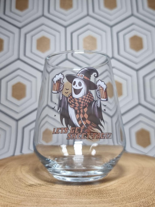 Halloween Ghost Glass – "Let’s Get Sheet Faced" Custom Printed Drinkware First Glass Designs