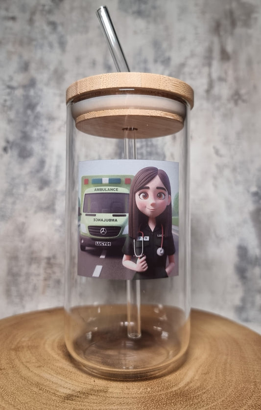 Personalised Glass Coffee Cup with Bamboo Lid & Glass Straw – Custom Printed & Engraved