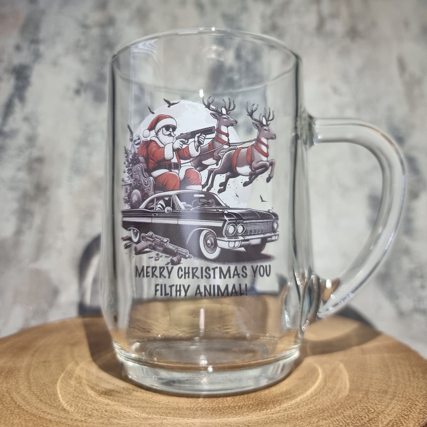 Santa's Sleigh Drive-By: Edgy Christmas Pint Conical Glass for a Holiday Twist FirstGlassDesigns