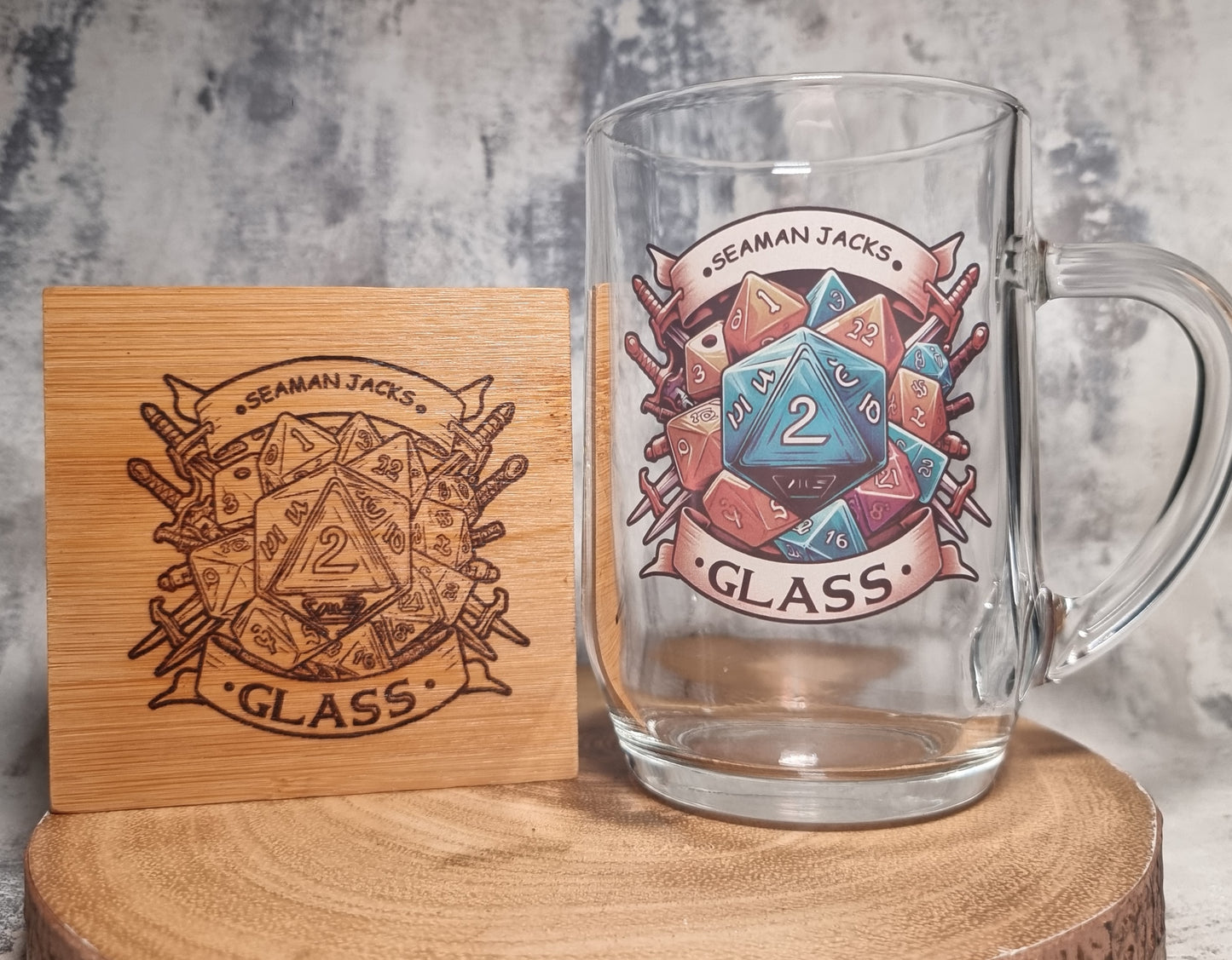 Personalised Dungeons & Dragons Pint Glass – D&D Dice - Ink Printed, Dishwasher Safe | Custom Text & Optional Bamboo Coaster