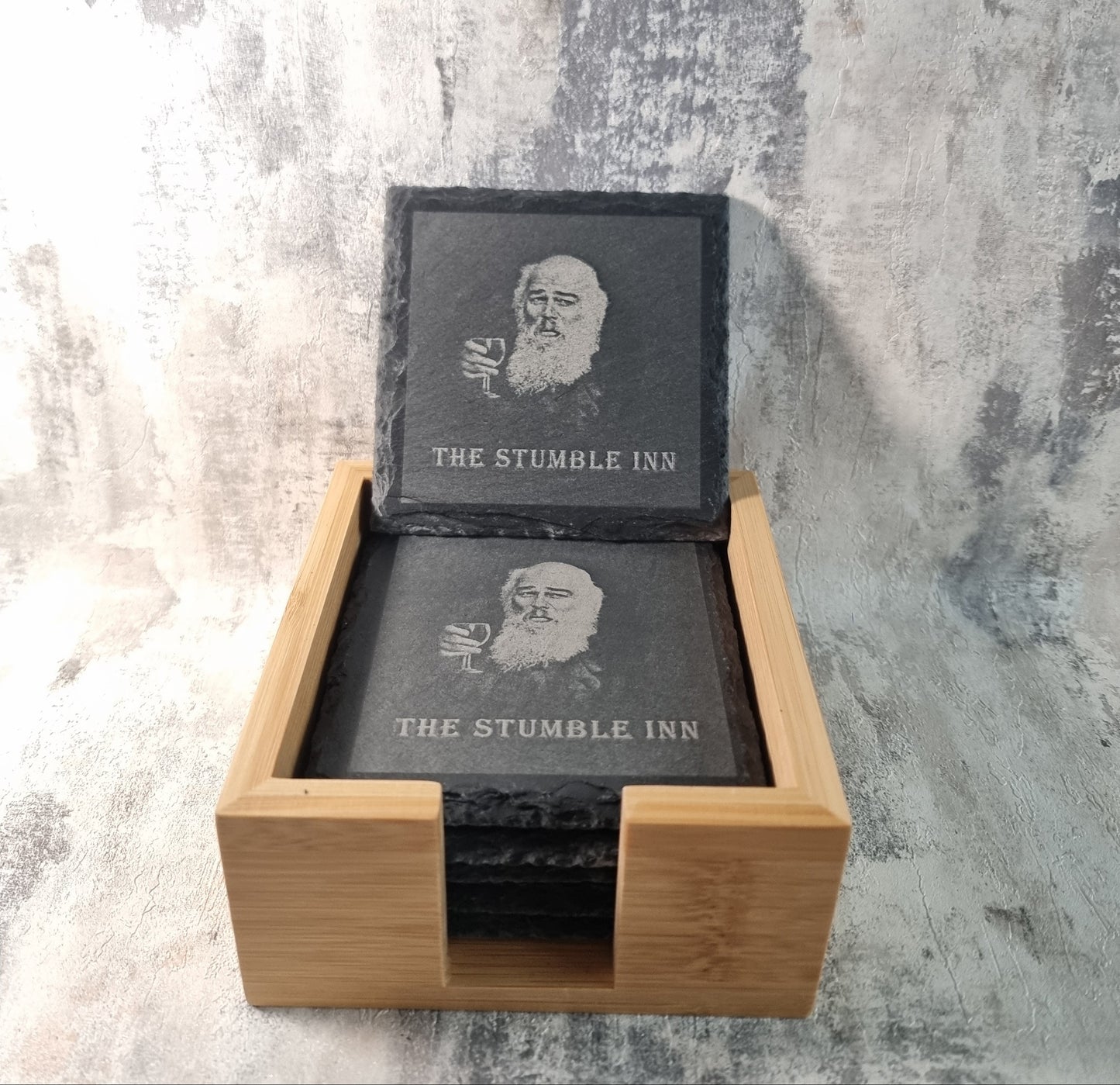 Personalised Upload Your Own Logo Slate Coasters - Pack of Six with Wooden Holder - Custom Coaster - Gift For Him or Her - Home Bar - Housewarming Gift - Birthday, Anniversary Gift