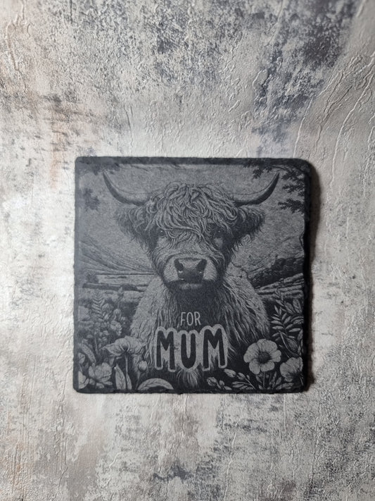 Highland Cow Engraved Slate / Bamboo Coaster - Gift for Mum Animal Lover