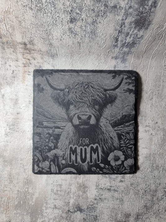 Highland Cow Engraved Slate / Bamboo Coaster - Gift for Mum Animal Lover First Glass Designs