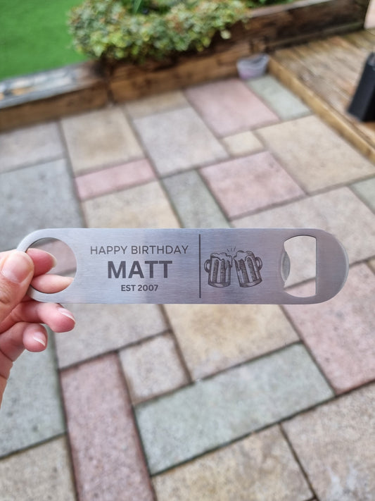 Personalised Beer Birthday Bar Blade, Custom Engraved Bottle Opener, 18th, 21st, 30th, 40th, 50th Birthday Gift Kitchen Utensils First Glass Designs