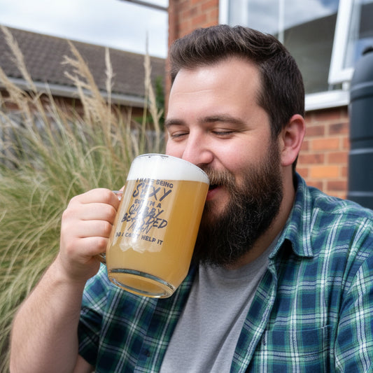 Bearded man holding pint glass printed with funny novelty quote