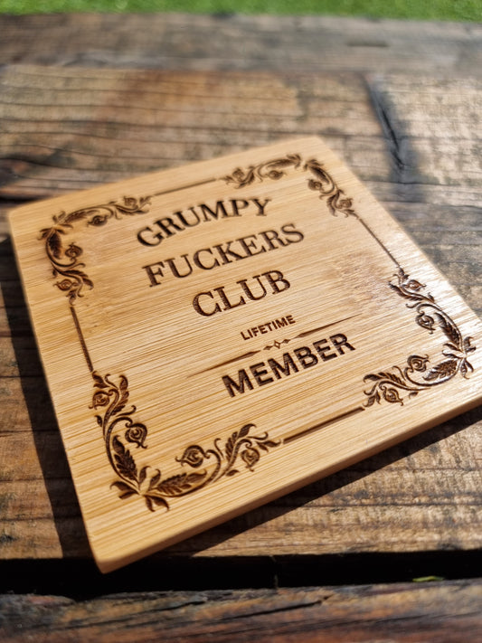 Grumpy F**kers Club Bamboo Drinks Coaster – Funny Rude Birthday Gift for Him | Sarcastic Gift for Beer Lovers | Novelty Gift for Grumpy Men