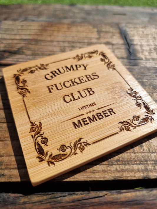Grumpy F**kers Club Bamboo Drinks Coaster – Funny Rude Birthday Gift for Him | Sarcastic Gift for Beer Lovers | Novelty Gift for Grumpy Men First Glass Designs