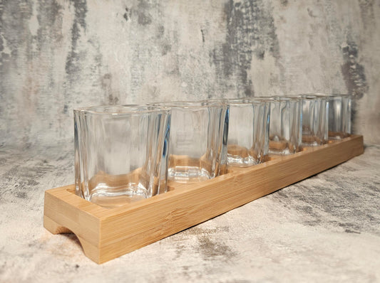 Personalised Wooden Shot Paddle with 6 Shot Glasses (Square) – Custom Engraved Wooden Shot Board Gift Set for Parties, Birthdays and Special Occassions