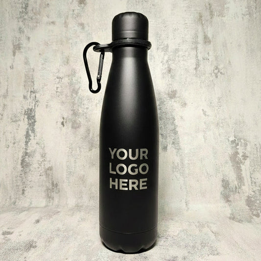 personalised black stainless steel water bottle laser engraved with custom graphic and carabiner clip
