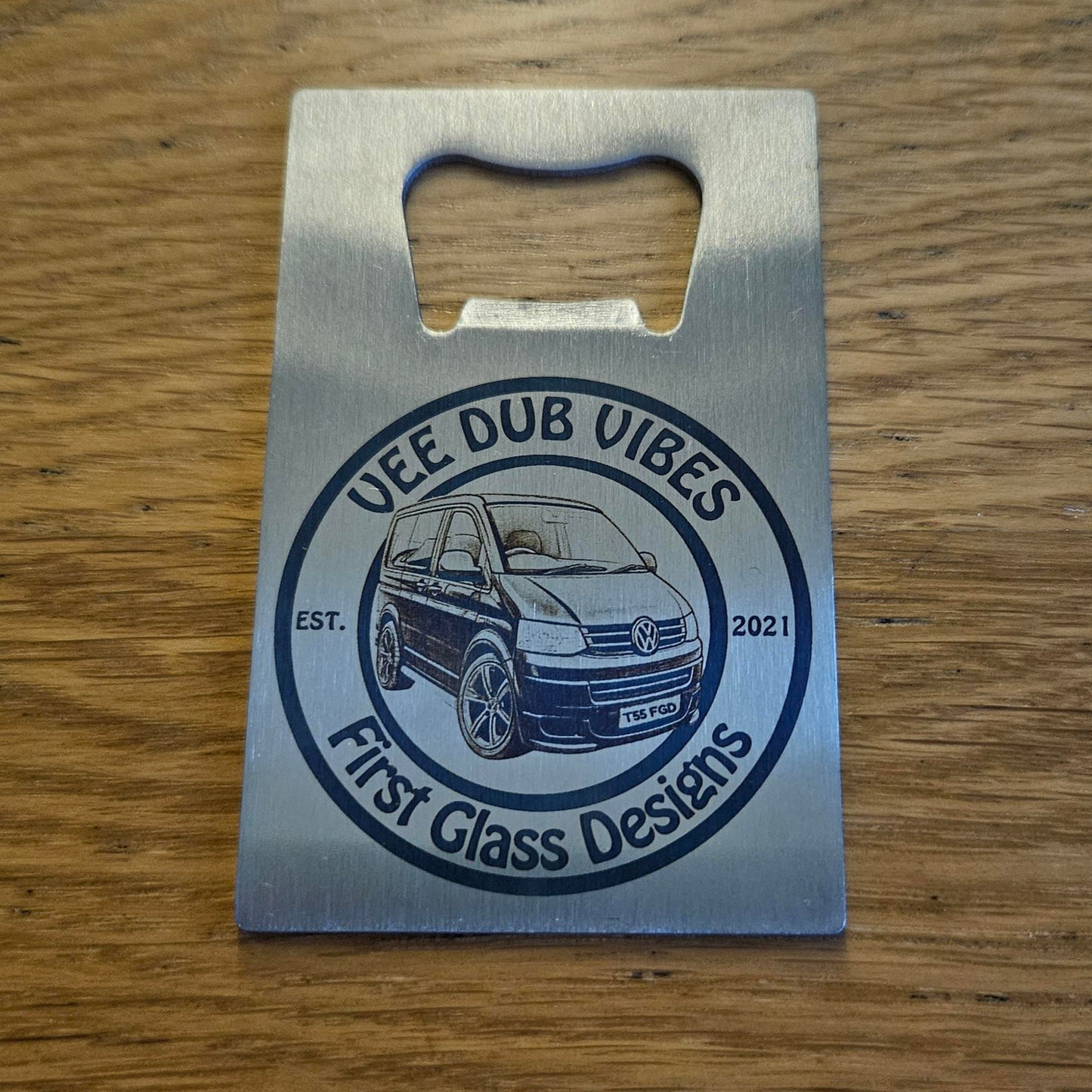 Stainless steel credit card bottle opener with camper van dub-style design
