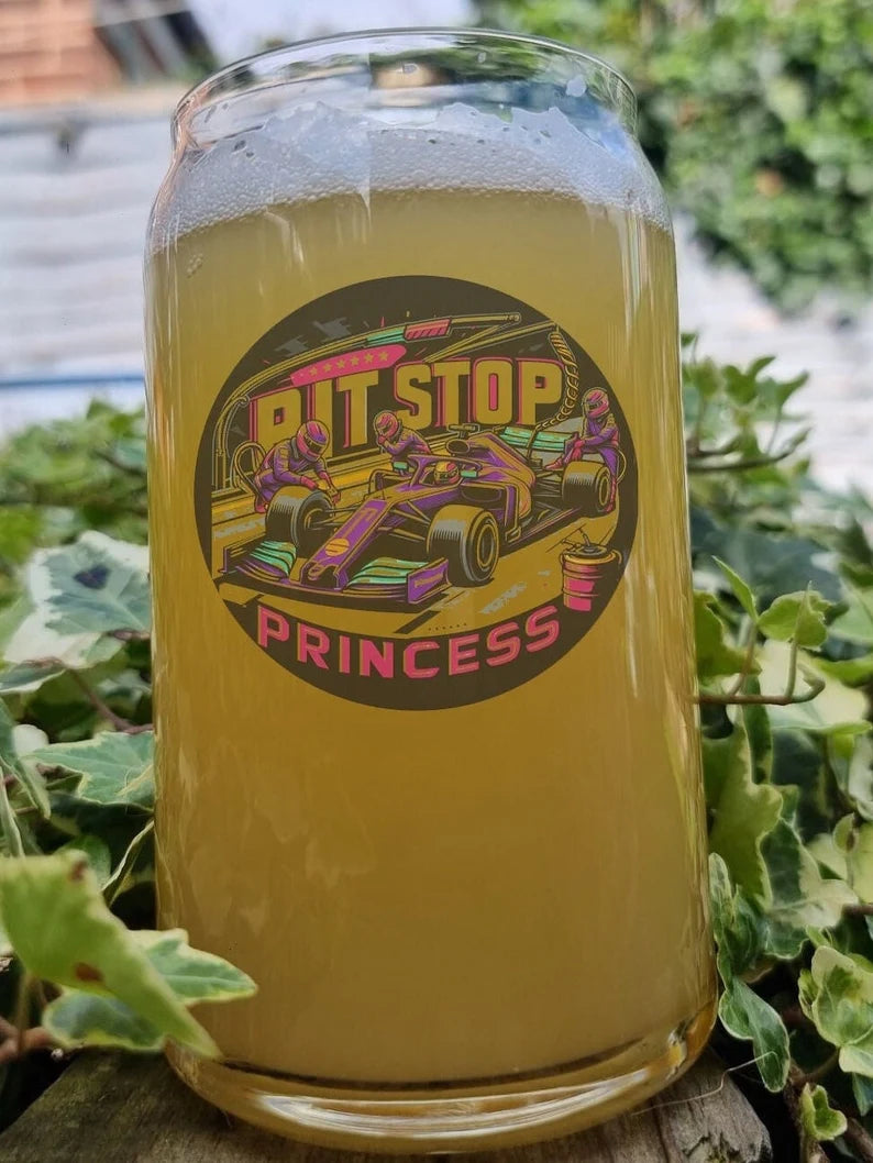 Moto Racing Pint Beer Glass, Pit Stop Princess Formula One, Option To Personalise, Can Glass, Racing, Gift Idea for Her, Girlfriend