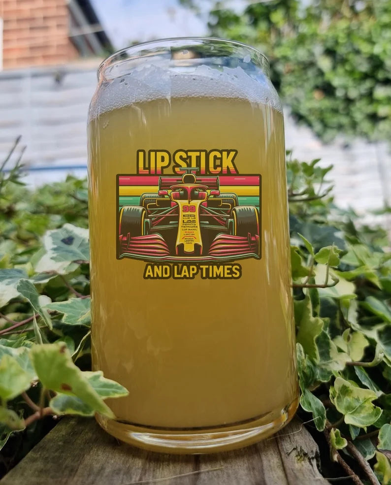 Lip Stick And Lap Times, Moto Racing Beer Glass, Option To Personalise, Can Glass, Racing, Gift Idea for Her Girlfriend