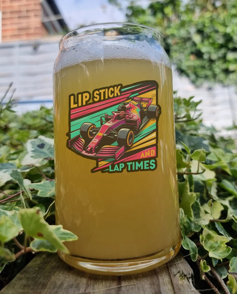 Formula Racing Pint Beer Glass, Lip Stick And Lap Times, Formula One, Option To Personalise, Can Glass, F1, Racing, Gift Idea for Her Girlfriend