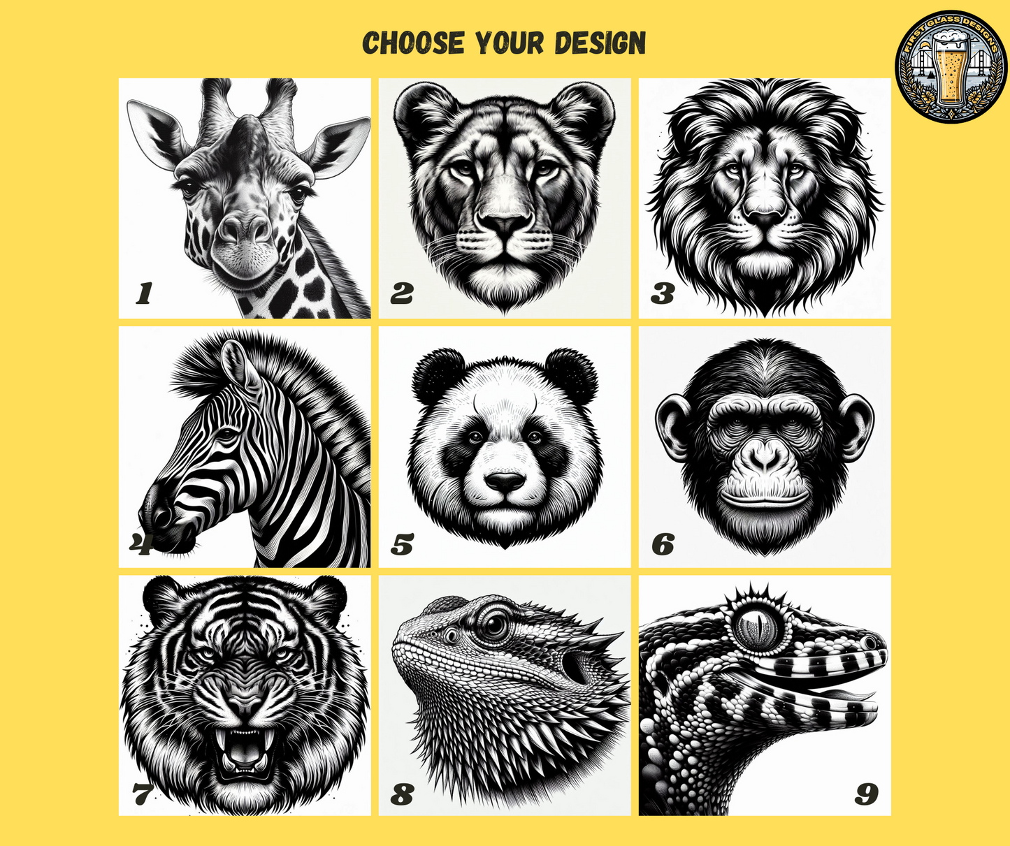 Personalised Animal Pint Beer Glass - Choose Your Animal, Personalise With Text, Tiger, Lion, Giraffe, Gecko, Bearded Dragon, Panda, Elephant, Zebra, Chimpanzee