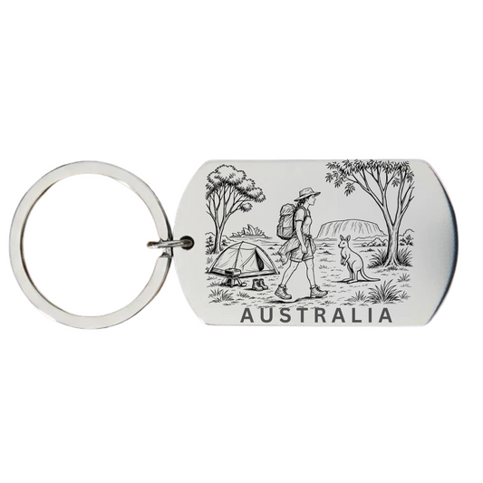 Australia backpacker keyring laser engraved stainless steel dog
tag with female backpacker kangaroo and Australian outback scene
on white background