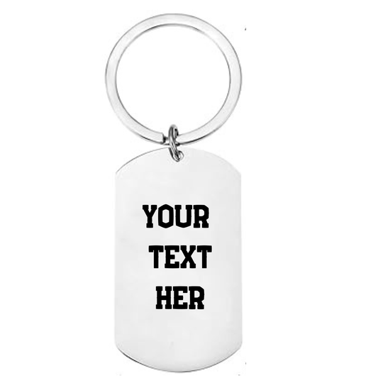 Reverse of personalised boxing stainless steel dog tag keyring showing laser engraved personal message area on white background