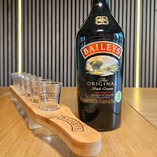 Custom wooden shot paddle with baileys logo printed on shot glasses for diageo
