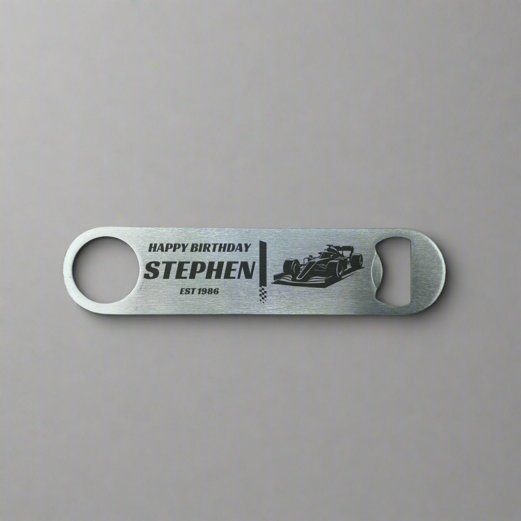 formula one bottle opener, personalised bar blade for birthday, personalise by adding a name and year of birth with a picture of a racing car, laser engraved