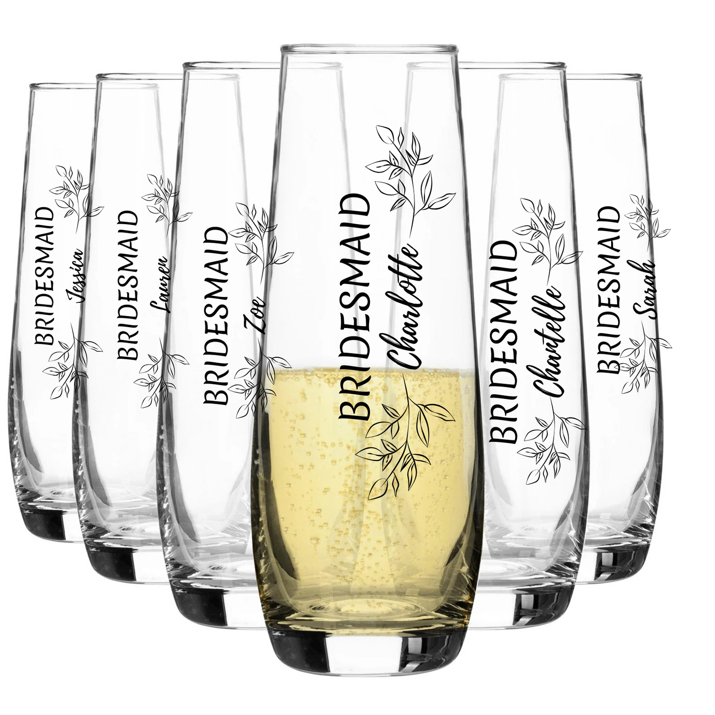 Bridal Party Personalised Wedding Couples Champagne stemless Toasting Glassware - Bride, Bridesmaid, Maid Of Honour, Mother Of The Bride, Custom Classy Wedding Favour Glassware Gift