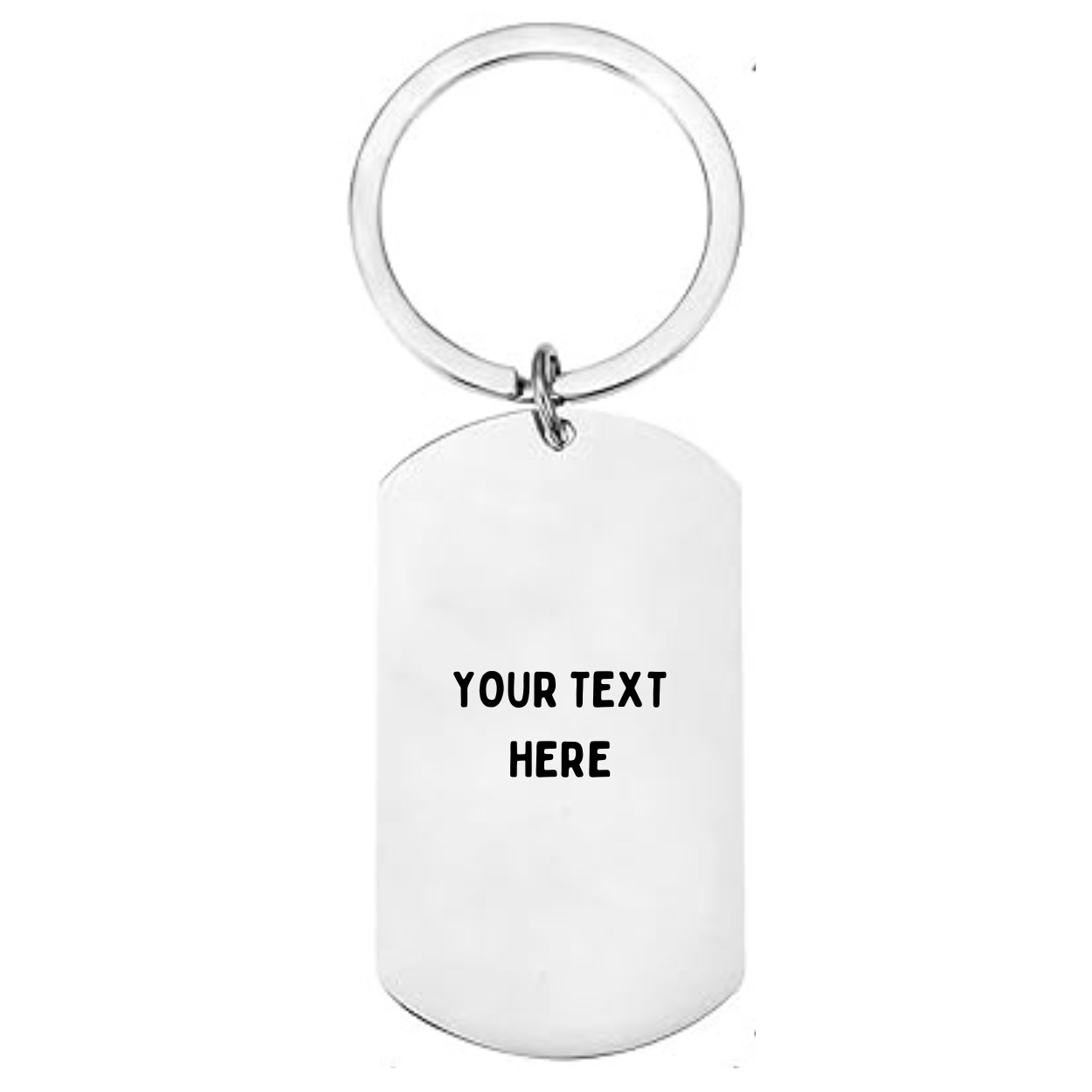 White keychain with 'Your Text Here' text on a white background