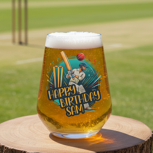 Cricket Gift For Men - Personalised Beer Tumbler Glass, Birthday cricket gift for men Dad Boyfriend First Glass Designs