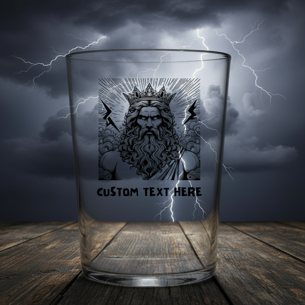 Custom Zeus Pint Glass – Greek Mythology Beer Glass with Lightning Bolt & Crown Design