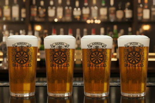 beer glass with ' Darts & Ales' design and personalised name