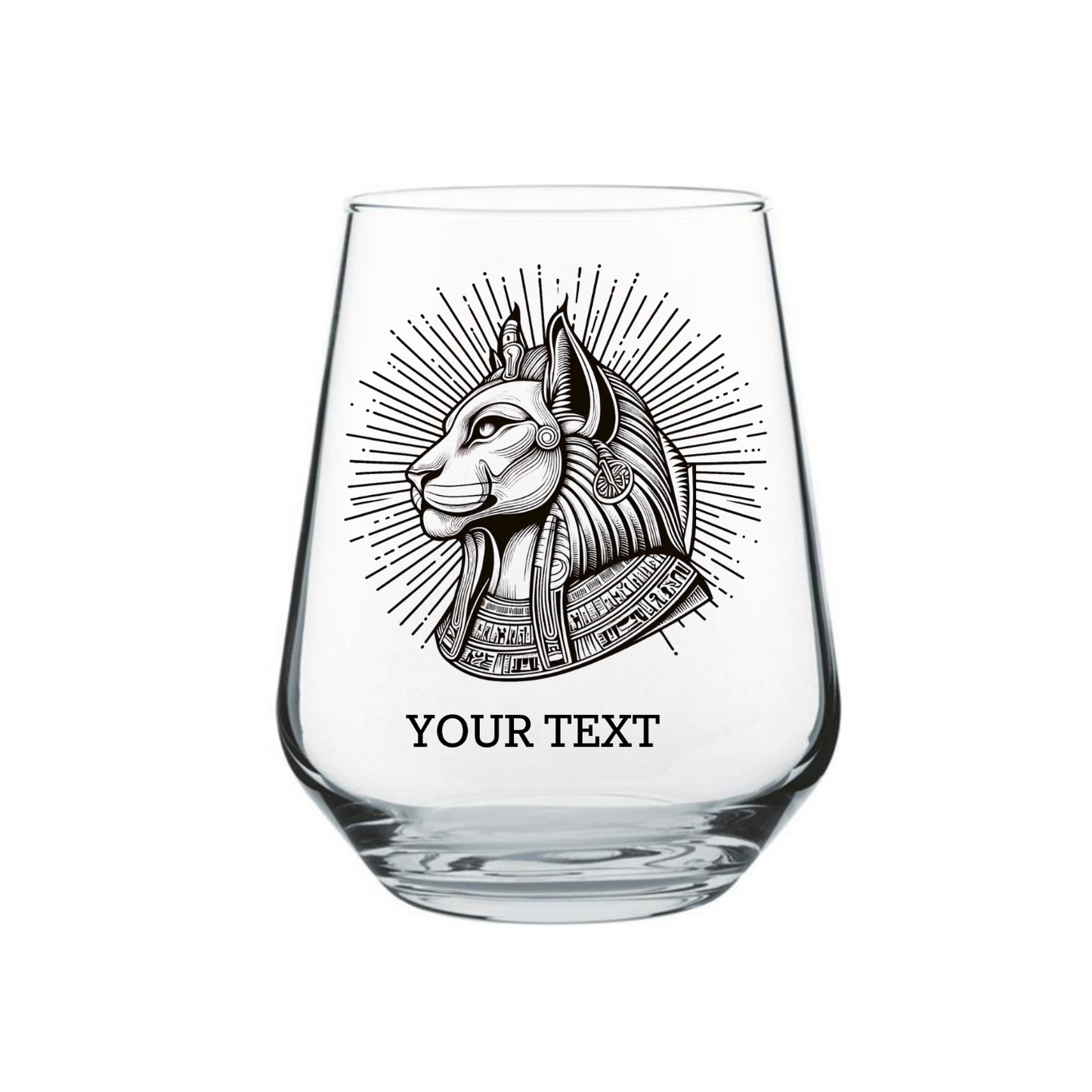 Full view of personalised Sekhmet wine glass showing lion goddess design on clear toughened glass with custom text engraving at base