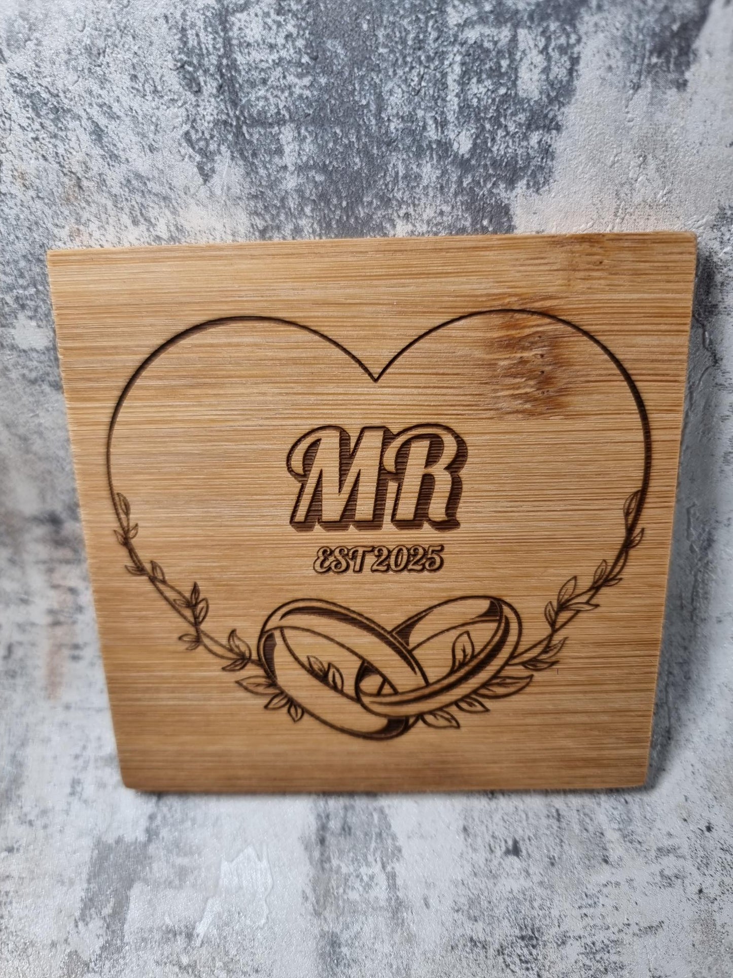 Engraved wedding coasters Mrs & Mrs with names and date