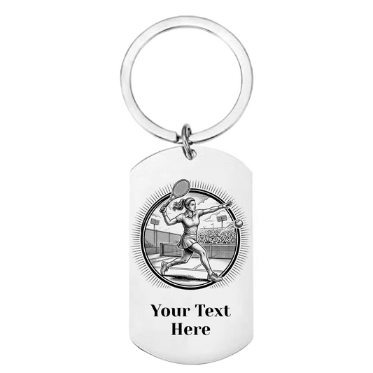 Personalised tennis keyring with laser engraved female tennis player design