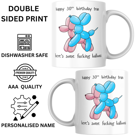 Funny personalised birthday mug showing double sided AAA quality print with balloon dogs, dishwasher safe birthday gift