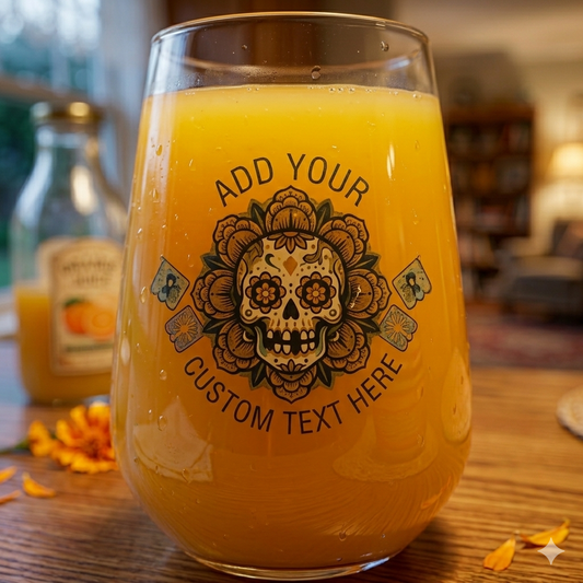 Personalised Sugar Skull Wine / Beer Glass | Custom Stemless Day of the Dead Gift FirstGlassDesigns