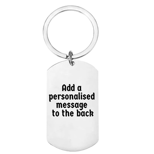 Keychain with text 'Add a personalised message to the back' on a white background