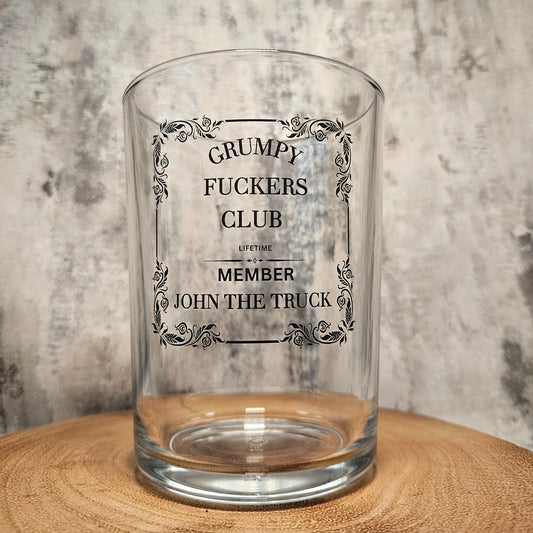 Personalised glass with a grumpy fuckers logo option to add your own text