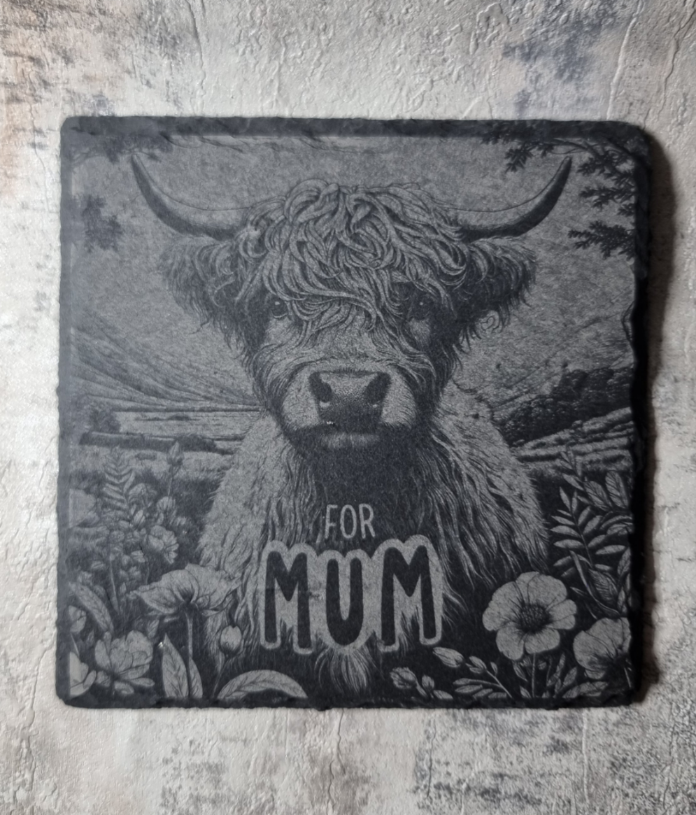 Highland Cow Engraved Slate / Bamboo Coaster - Gift for Mum Animal Lover
