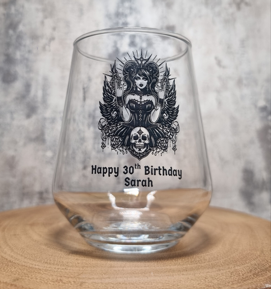 Gothic Angel Skull Princess Glass, Personalised Birthday Gift For Goth, Whiskey, Beer, Cider Glass