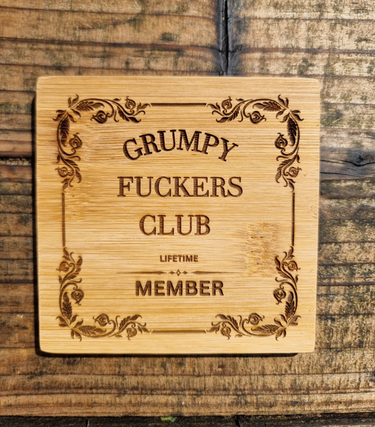 Grumpy F**kers Club Bamboo Drinks Coaster – Funny Rude Birthday Gift for Him | Sarcastic Gift for Beer Lovers | Novelty Gift for Grumpy Men