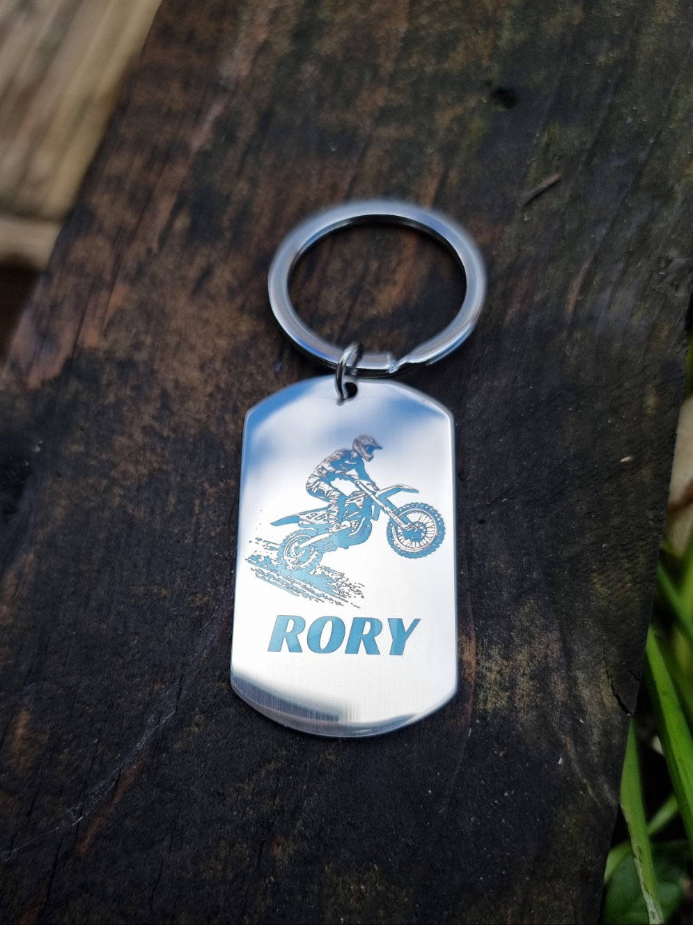 Personalised Motocross MX Keyring – Custom Stainless Steel Keychain with Motocross Rider Design – Add Name & Message on Back – Gift for Dirt Bike Riders & Fans