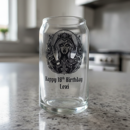Personalised 18th birthday beer glass with custom name and mystical gothic goddess design filled with beer