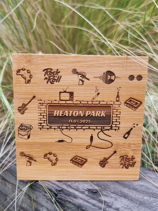 Personalised bamboo coaster laser engraved with Oasis-themed design featuring Union Jack guitar, champagne, and cassette – eco-friendly concert gift for music fans