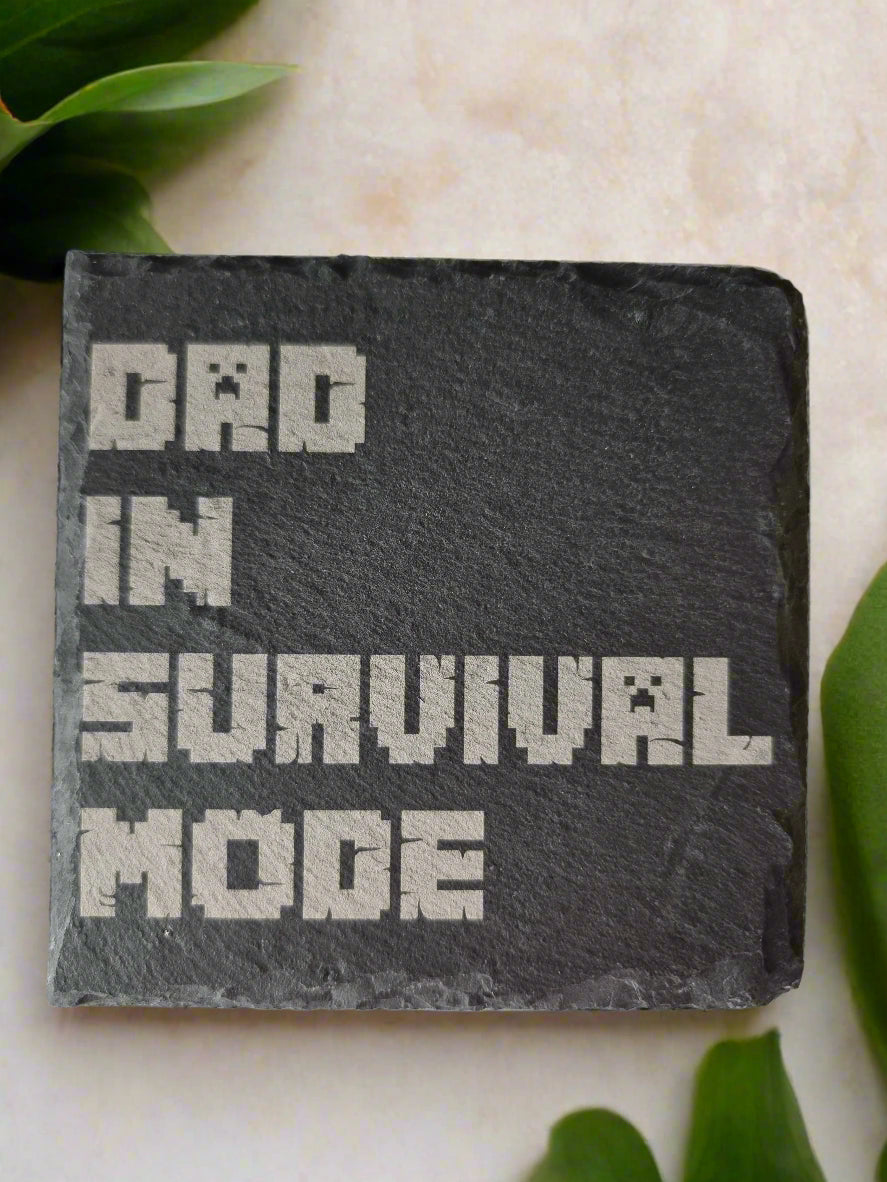 Laser engraved bamboo coaster with “Dad in Survival Mode” text – gaming-inspired eco-friendly Father’s Day gift for gamer dads, rustic drink coaster for coffee or desk décor